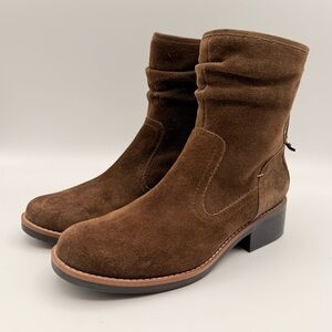 Lucca Lane CarolSue Suede Ankle Boots Taupe Brown Gold Zip Low Heel Wms Size 7